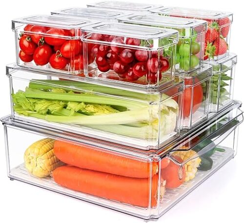 10 Pack Refrigerator Pantry Organizer Bins, Stackable Fridge Organizer Bins with Lids, Clear Plastic Food Storage Bins for Kitchen, Countertops,...