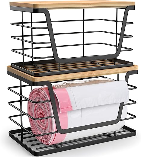 2 Pack Storage Stackable Kitchen Laundry Organizers with Bamboo Top, Wall Mount Large Trash Bag Holder and Small Garbage Bag Dispenser