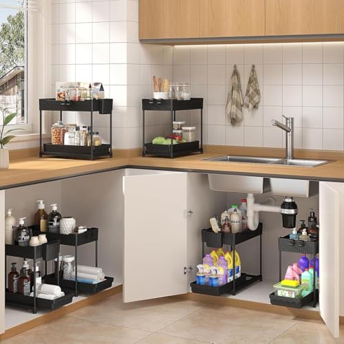 3 Pack Under Sink Organizers, 2-Tier Multi-Use Kitchen and Bathroom Organizers and Storage with Sliding Drawers，Bathroom Cabinet Organizer (Black,...