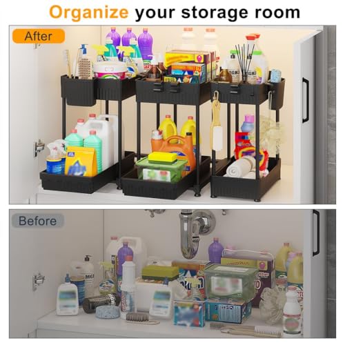 3 Pack Under Sink Organizers, 2-Tier Multi-Use Kitchen and Bathroom Organizers and Storage with Sliding Drawers，Bathroom Cabinet Organizer (Black,...