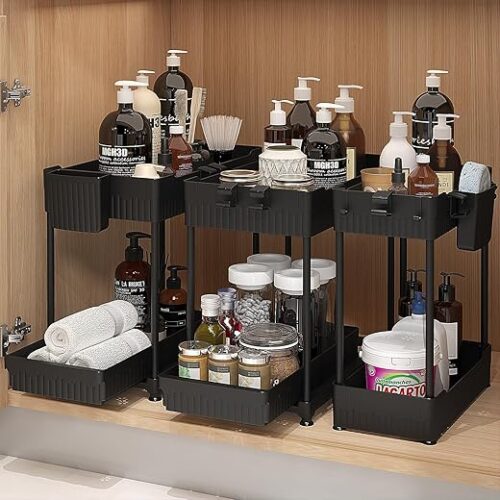 3 Pack Under Sink Organizers, 2-Tier Multi-Use Kitchen and Bathroom Organizers and Storage with Sliding Drawers，Bathroom Cabinet Organizer (Black,...