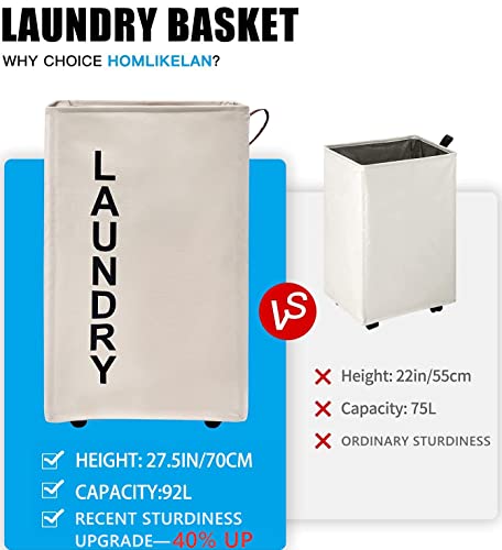 92L Large Laundry Hamper with Leather Handle,Standable Laundry Basket with Wheels ,Large Hamper,Rolling Laundry Basket White