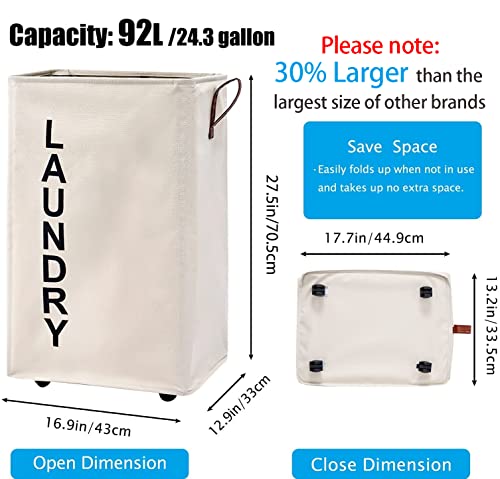 92L Large Laundry Hamper with Leather Handle,Standable Laundry Basket with Wheels ,Large Hamper,Rolling Laundry Basket White