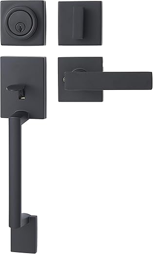 Amazon Basics Front Door Lock Set, Handleset with Stamford Lever, Level Door Handle, Exterior, Single Cylinder Packs, Matte Black, 1-Pack