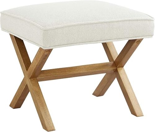Amazon Basics Small Ottoman Foot Rest, Mid-Century Modern X Square Polyester Foot Stool, Linen, Ivory White, 18"D x 19.8"W x 18.3"H (Previously...
