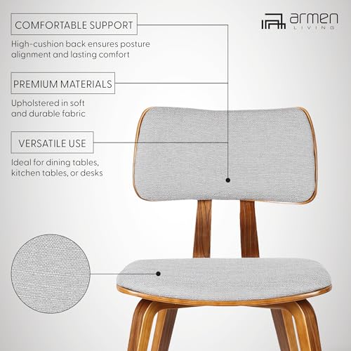 Armen Living Jaguar Mid Century Modern Dining Accent Chair for Kitchen Table Desk Vanity in Grey Fabric and Walnut Wood Finish Armen Living Jaguar Mid Century Modern Dining Accent Chair for Kitchen Table Desk Vanity in Grey Fabric and Walnut Wood Finish
