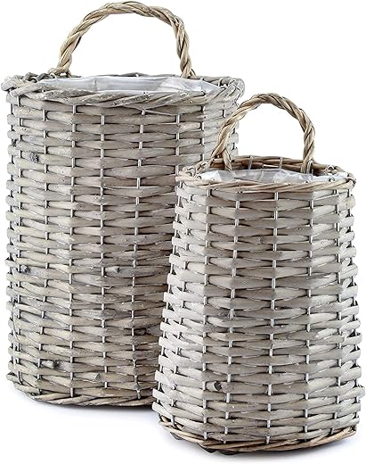 AuldHome Design Wall Hanging Baskets (Set of 2, Gray); Woven Wicker Rustic Farmhouse Gray Washed Door Baskets, Small and Medium Size