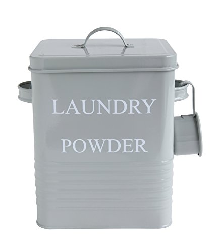 Bloomingville Farmhouse Metal Container with "Laundry Powder" Message, Lid, and Scoop, Grey