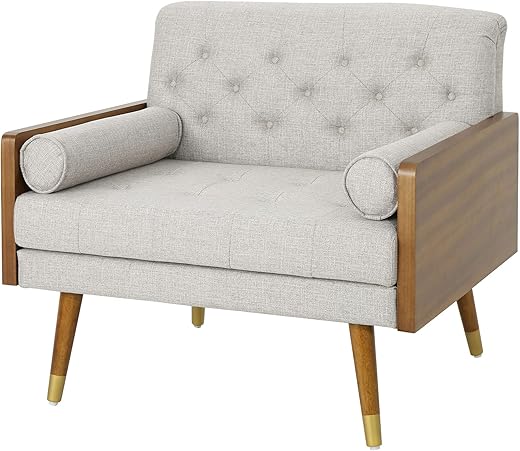 Christopher Knight Home Greta Mid Century Modern Fabric Club Chair, Beige, Dark Walnut 30.5D x 37.75W x 33H in Christopher Knight Home Greta Mid Century Modern Fabric Club Chair, Beige, Dark Walnut 30.5D x 37.75W x 33H in