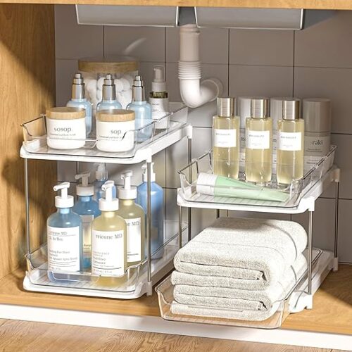 Delamu 2 Sets of 2-Tier Multi-Purpose Bathroom Under Sink Organizers and Storage, Stackable Kitchen Pantry Organization, Pull Out Medicine Cabinet...