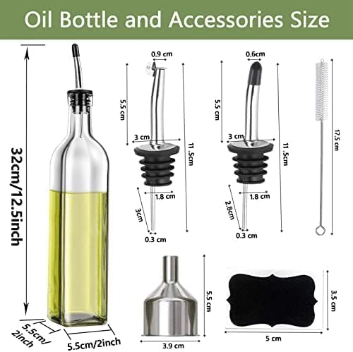 Glass Olive Oil Dispenser Bottle 500ml | 2 Pcs, Olive Oil Dispenser, Vinegar Dispenser Set, 2 Stainless Steel Pourers, 4 Labels, 1 Brush, 1 Funnel,...