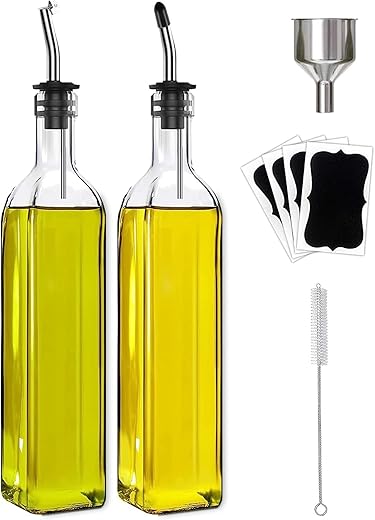 Glass Olive Oil Dispenser Bottle 500ml | 2 Pcs, Olive Oil Dispenser, Vinegar Dispenser Set, 2 Stainless Steel Pourers, 4 Labels, 1 Brush, 1 Funnel,...