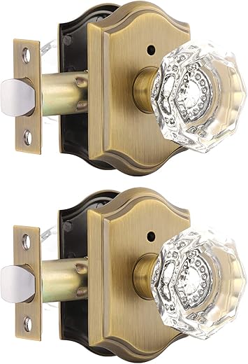 Gobrico Privacy Door Lock Sets Crystal Knobs Heavy Duty Door Hardware,Keyless Bath/Bed Door Knobset with Lock Inside,Push Pin Button,Antique Brass...