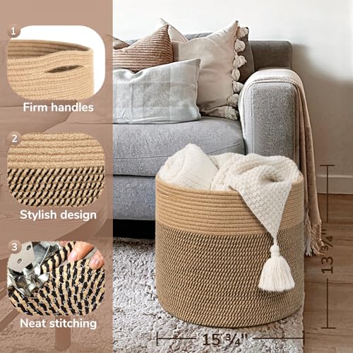 Goodpick Large Cotton Rope Basket 15.8"x15.8"x13.8" Wicker Basket for Blankets, Toy Storage for Living Room, Jute
