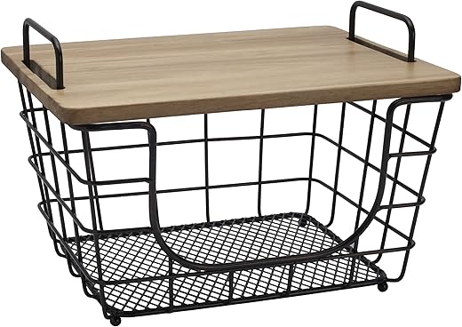 Gourmet Basics by Mikasa Madam Metal Stacking/Nesting Rectangular Basket with Acacia Lid, Antique Black Gourmet Basics by Mikasa Madam Metal Stacking/Nesting Rectangular Basket with Acacia Lid, Antique Black