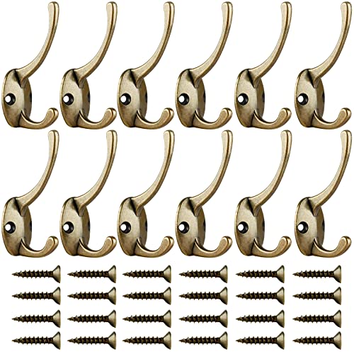 IBosins 12 Pack Antique Brass Coat Hooks Wall Mounted with 24 Screws Retro Double Hooks Utility Antique Brass Hooks for Coat, Scarf, Bag, Towel,...