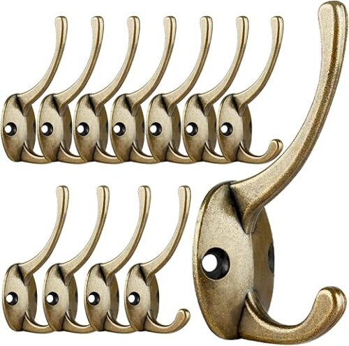 IBosins 12 Pack Antique Brass Coat Hooks Wall Mounted with 24 Screws Retro Double Hooks Utility Antique Brass Hooks for Coat, Scarf, Bag, Towel,...
