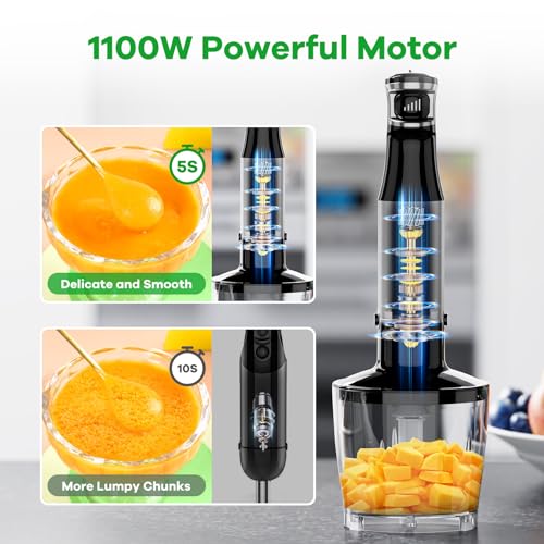 Immersion Blender Handheld Corded Hand Blenders Set 1100W, Trigger Variable Speed 5 in 1 Stick Emulsifier with Chopper, Whisk and Frother for Soup,... Immersion Blender Handheld Corded Hand Blenders Set 1100W, Trigger Variable Speed 5 in 1 Stick Emulsifier with Chopper, Whisk and Frother for Soup,...