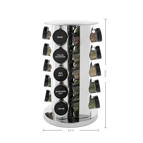 Kamenstein 20 Jar Revolving Countertop Spice Rack with Spices Included, FREE Spice Refills for 5 Years, Polished Stainless Steel with Black Caps,...