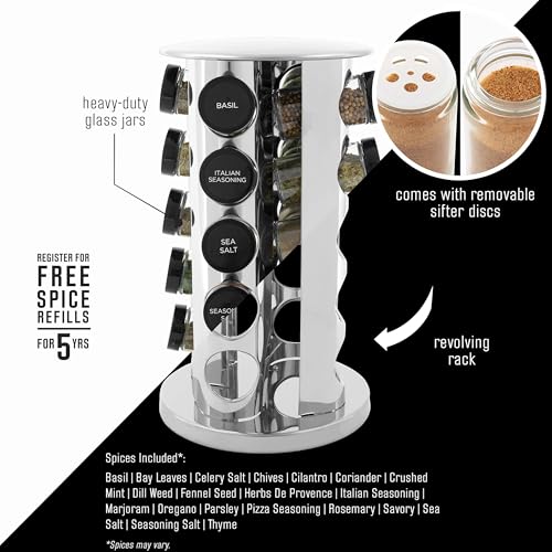 Kamenstein 20 Jar Revolving Countertop Spice Rack with Spices Included, FREE Spice Refills for 5 Years, Polished Stainless Steel with Black Caps,...