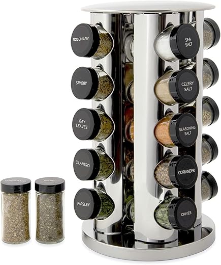 Kamenstein 20 Jar Revolving Countertop Spice Rack with Spices Included, FREE Spice Refills for 5 Years, Polished Stainless Steel with Black Caps,...