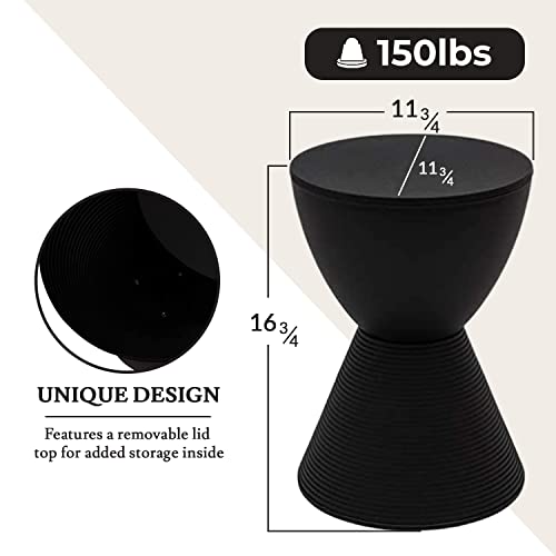 LeisureMod Black Side Table – Modern Hourglass Drum End Table with Storage, Removable Lid – Compact Accent Table for Indoor & Outdoor Use