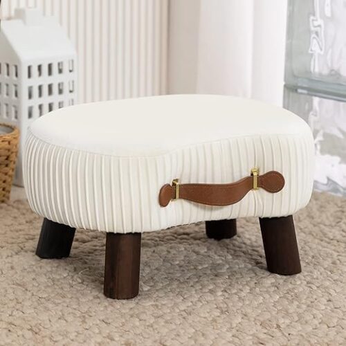 LUE BONA Small Curved Foot Stool with Handle, Beige Velvet Footstool and Ottomans, Modern Foot Rest with Wooden Legs, Step Stool with Padded Seat...