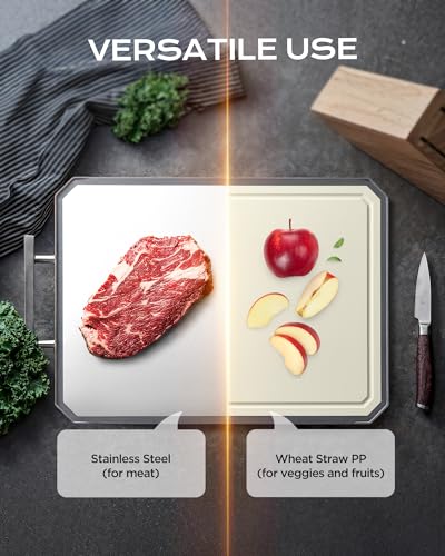 SNOWCLAD Stainless Steel Cutting Board,Double Sided Steel Cutting Boards for kitchen,Stainless Steel/Wheat straw pp Large Board for meat,non toxic...