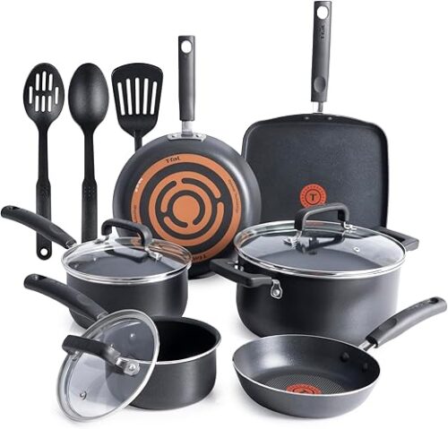 T-fal Signature Nonstick Cookware Set 12 Piece, Oven Broiler Safe 350F, Pots and Pans, Kitchen Cooking Set w/Fry Pans, Saucepans, Saute Pan, Dutch...