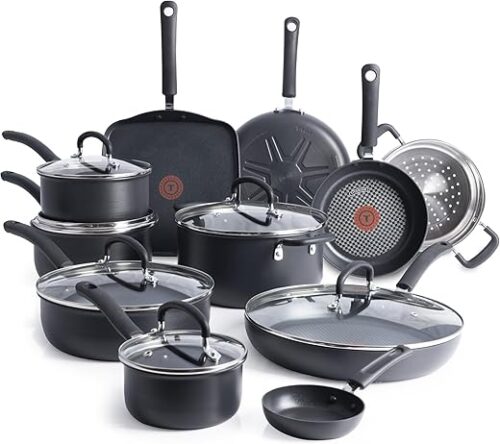 T-fal Ultimate Hard Anodized Nonstick Cookware Set 17 Piece, Oven Broiler Safe 400F, Lid Safe 350F, Kitchen Cooking Set w/Fry Pans, Saucepans,...