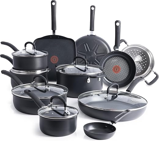 T-fal Ultimate Hard Anodized Nonstick Cookware Set 17 Piece, Oven Broiler Safe 400F, Lid Safe 350F, Kitchen Cooking Set w/Fry Pans, Saucepans,... T-fal Ultimate Hard Anodized Nonstick Cookware Set 17 Piece, Oven Broiler Safe 400F, Lid Safe 350F, Kitchen Cooking Set w/Fry Pans, Saucepans,...