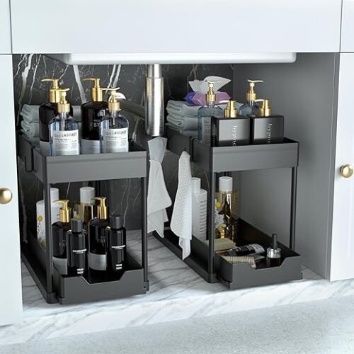 Under Sink Organizer 2 Pack, Bathroom Cabinet Organizer, 2 Tier Sliding Cabinet Basket Organizer Drawer, Multi-Purpose Bath Collection Baskets for...