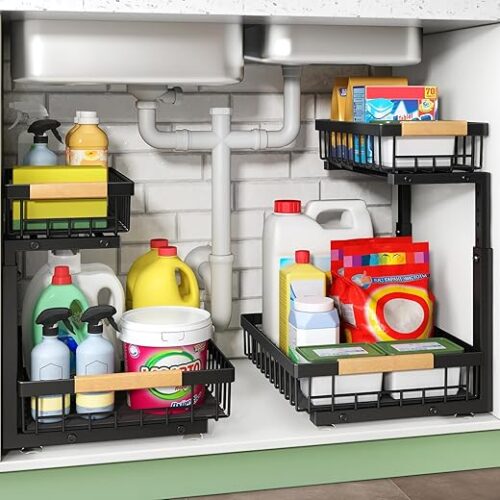 Under Sink Organizer, 2 Packs 2 Tier Under Sink Organizers and Storage, Slide Out Pull Out Cabinet Organizer Shelf, Metal Sliding Drawer for...