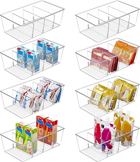 Vtopmart 8 Pack Food Storage Organizer Bins, Clear Plastic Bins for Pantry, Kitchen, Fridge, Cabinet Organization and Storage, 4 Compartment Holder...