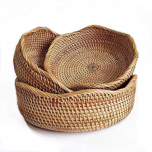 YANGQIHOME Rattan Bread Basket, Round Fruit Baskets, Wicker Storage Bowls, Natural Woven Serving Basket Bowls, Decorative Baskets for Kitchen...