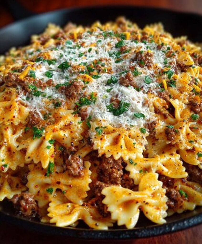Cajun Cream Cheese Alfredo Bowties with Spiced Ground Beef