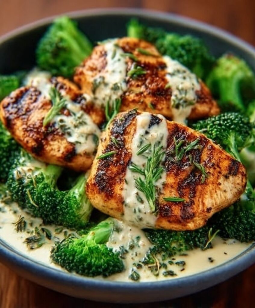 Grilled Chicken & Broccoli Bowls with Creamy Garlic Sauce