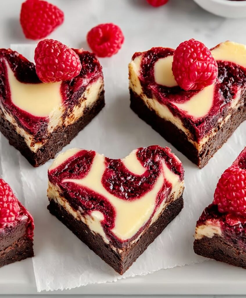 Heart Shaped Brownies (with Raspberry Swirl and Cheesecake Topping)