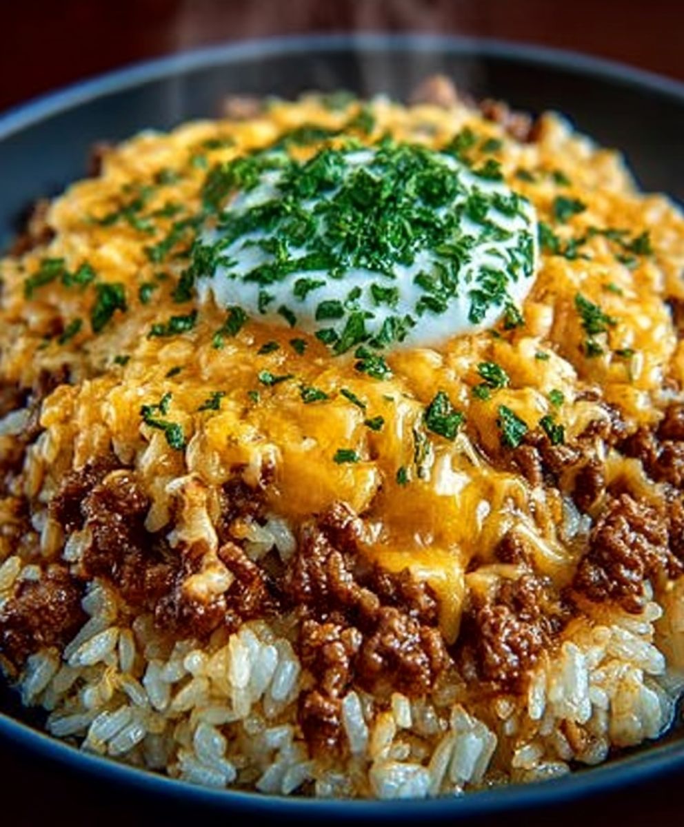 Ultimate Cheesy Beefy Garlic Butter Rice Bowl with Melted Cheddar and Mozzarella