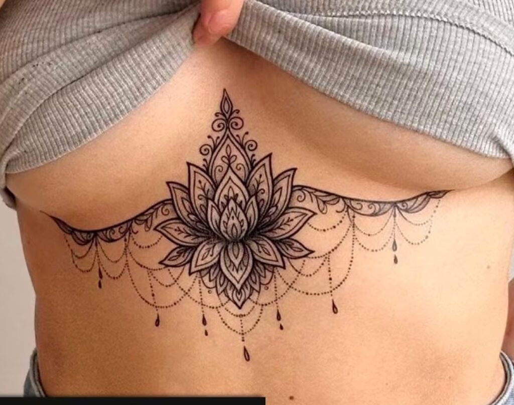 Lotus Sternum Tattoo – Ornamental Mandala Floral Body Art for Women