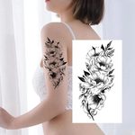 Black Floral Temporary Tattoo – Peony, Camellia & Rose Botanical Sketch Design